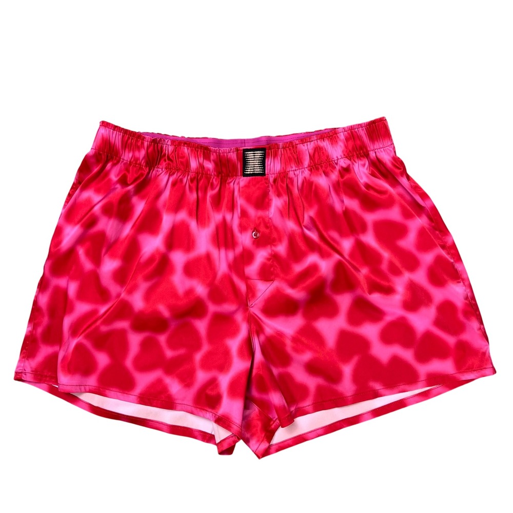 Savage X Fenty Pink Red Heart Print Satin Boxer Shorts Loungewear Large NEW